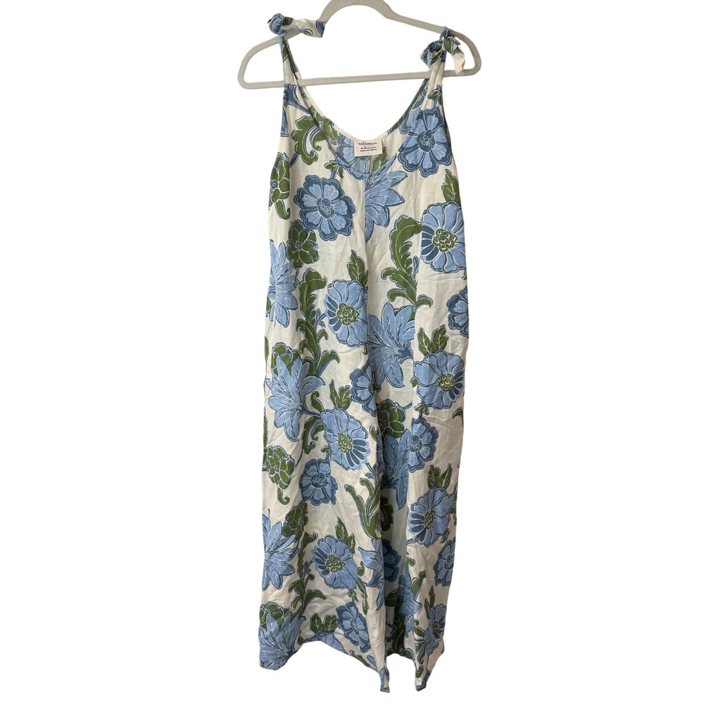Talisman Ibiza Floral Jumpsuit Large Blue Green Floral Linen Blend Wide Leg